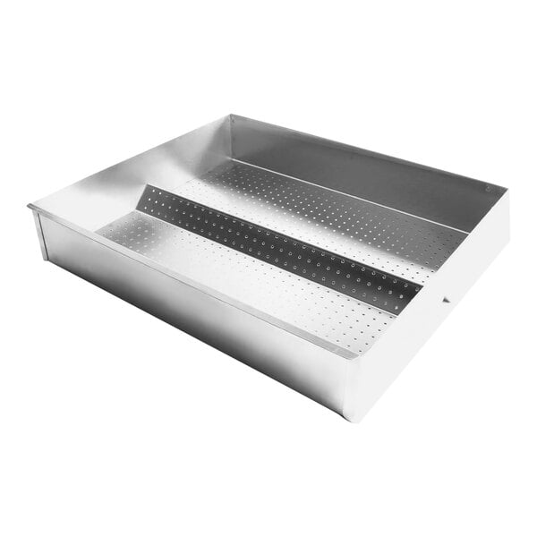 A stainless steel Giles Crumb Screen with holes in it.