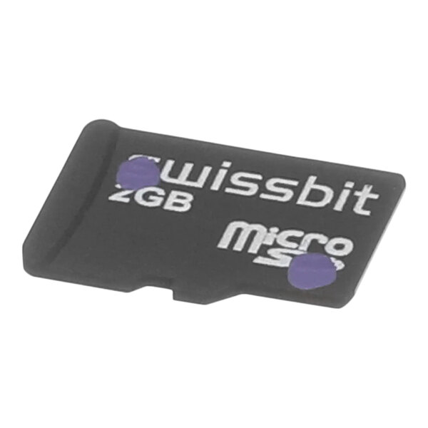 A black Merco memory card with white text and purple dots.