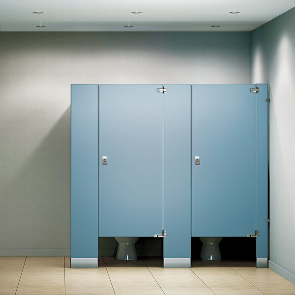 An ASI Accurate Partitions bathroom stall with blue doors and a blue lock.