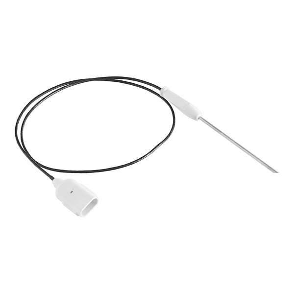 A long black wire with a white object on the end.
