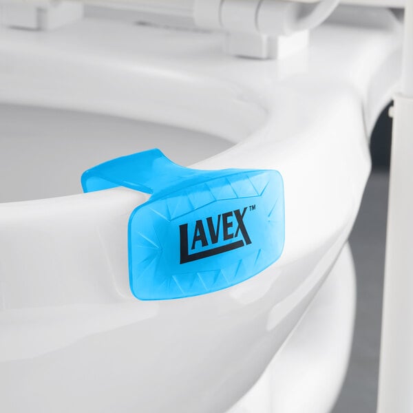 A blue Lavex Cotton Blossom scented gel toilet bowl clip with a black label.