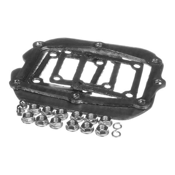 A metal gas tank cover with nuts and bolts.