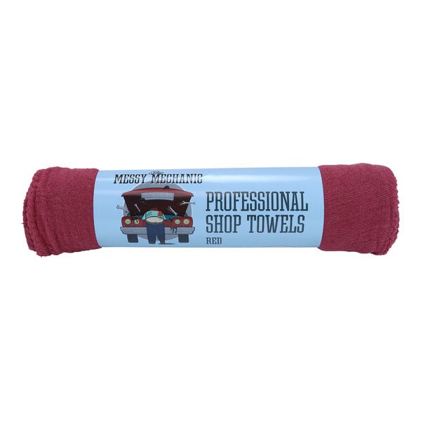 A rolled of red Monarch Brands professional shop towels.