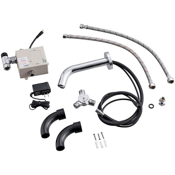 The Waterloo Wall-Mount Hands-Free Sensor Faucet with spout and other accessories on a white background.