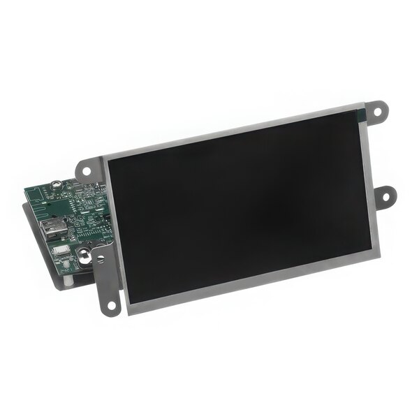 The black LCD screen with silver trim and a computer chip on a white background.