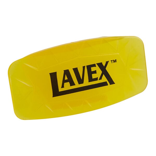 A yellow Lavex mango scent gel toilet bowl clip.