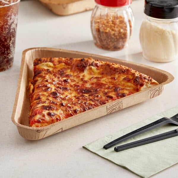 A slice of pizza in a Solut kraft corrugated tray.