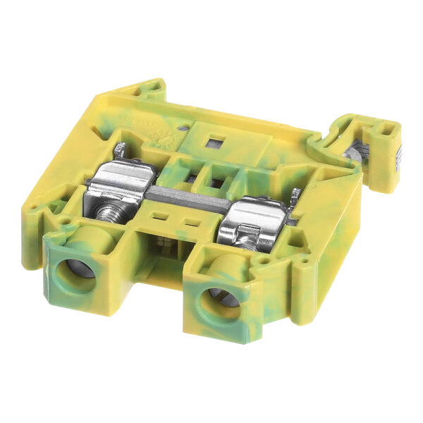 A yellow and green plastic Giles Terminal Block with metal parts.