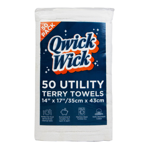 A white Monarch Brands utility terry towel with blue and orange text.