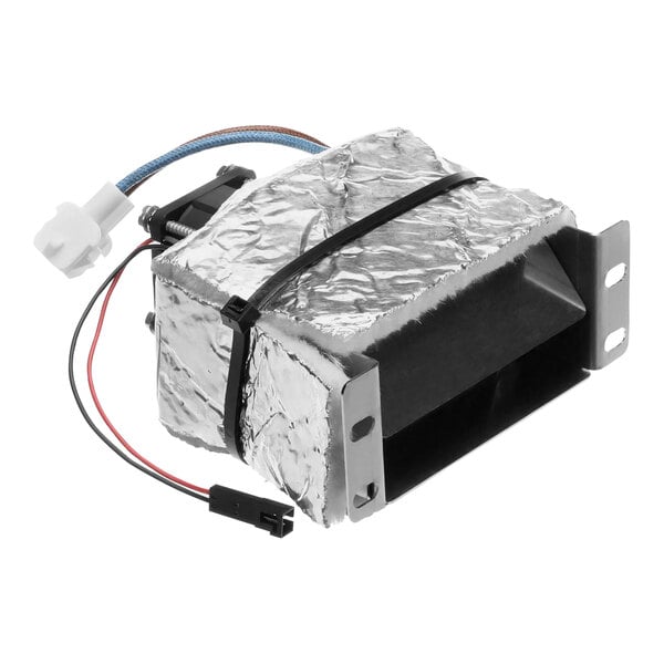 A silver rectangular Merco heater assembly with black and white wires.