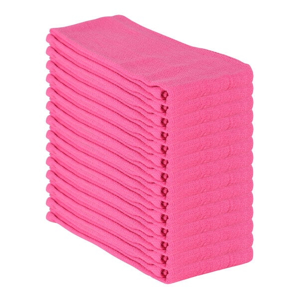 A stack of pink Monarch Brands huck towels.