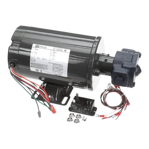 A black round electric motor with wires and screws.