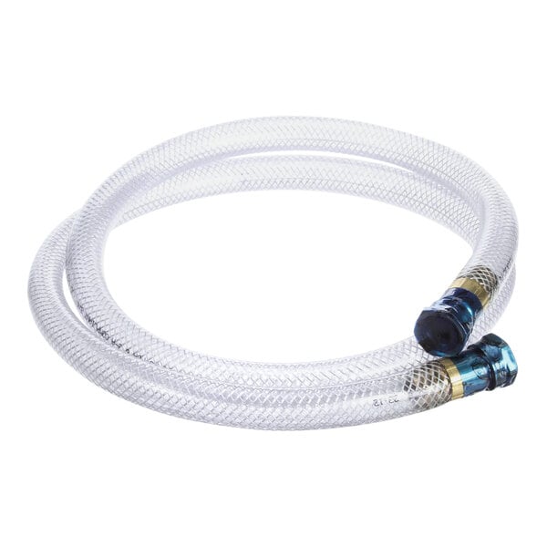 A clear plastic hose with blue and silver ends.