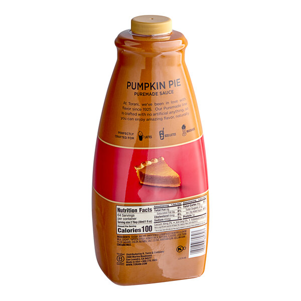 A close up of a Torani Puremade Pumpkin Pie flavoring sauce bottle.