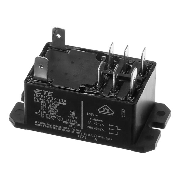 A black electrical relay with metal components and three wires.