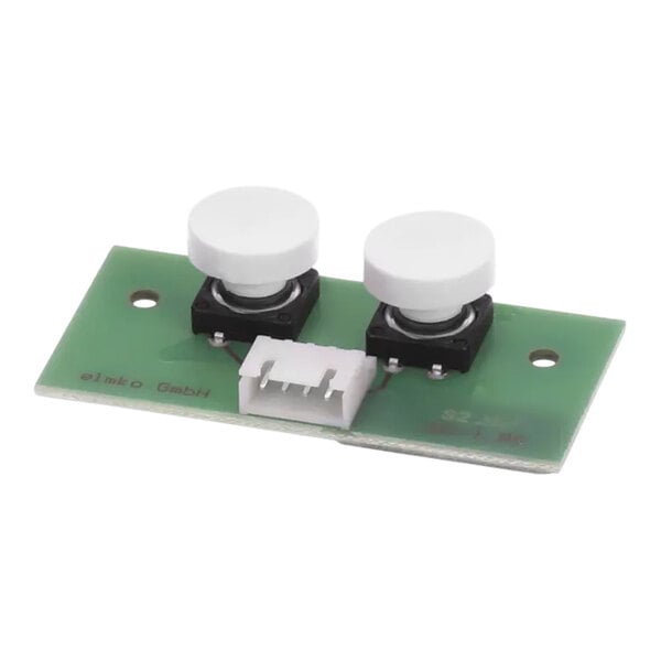 A green circuit board with two white buttons.