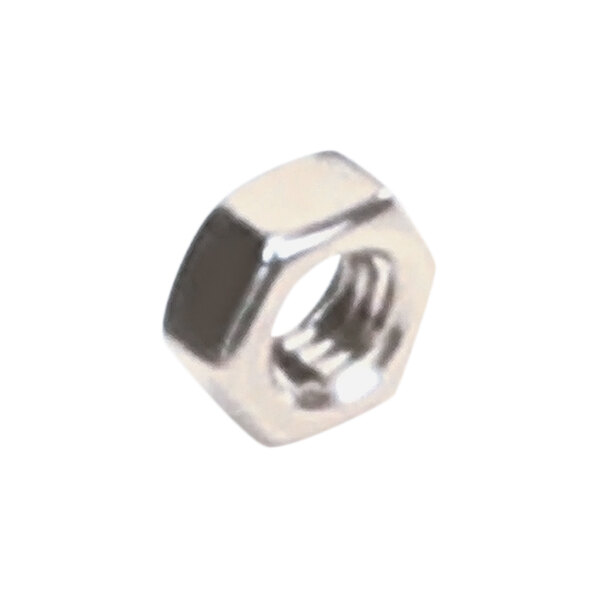 A close-up of a stainless steel hex nut.