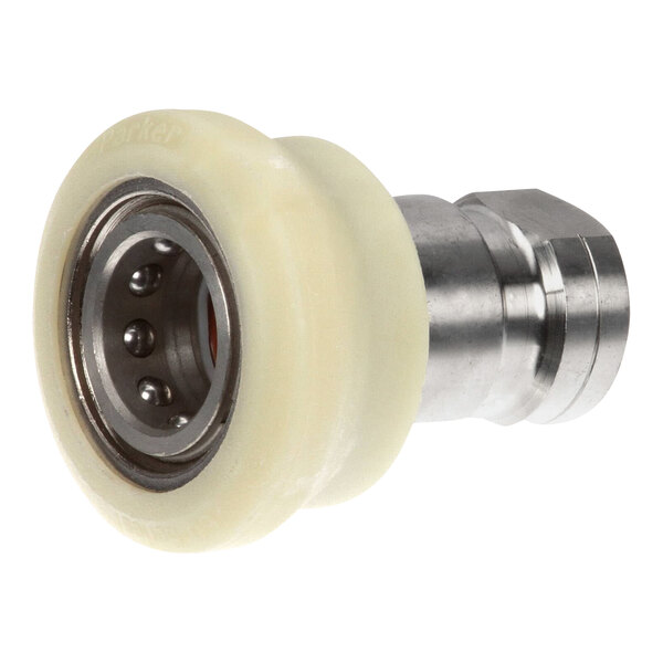 A white plastic Giles quick-disconnect coupling with a threaded nut.