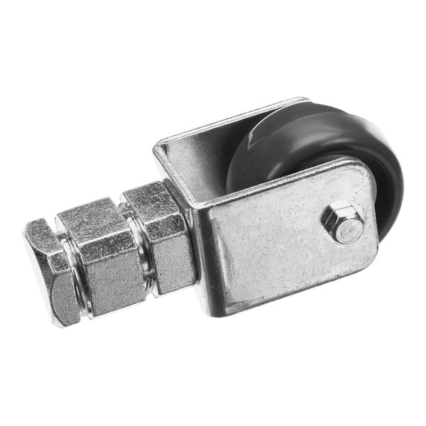 A close-up of a black and chrome metal and rubber caster wheel with a stem.
