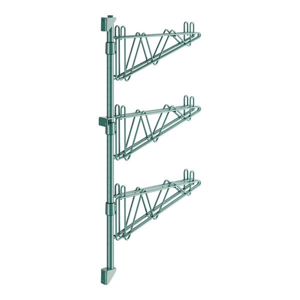 A green metal Regency wall-mount shelf post with three levels.