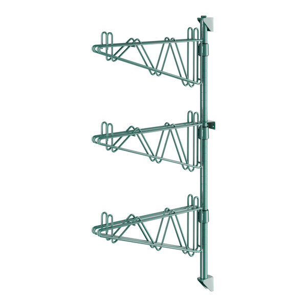 A green metal Regency wall-mount shelf post with double brackets for three shelves.