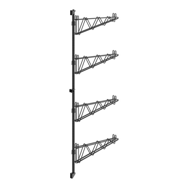 A black metal Regency wall-mount shelf post with four metal rods.