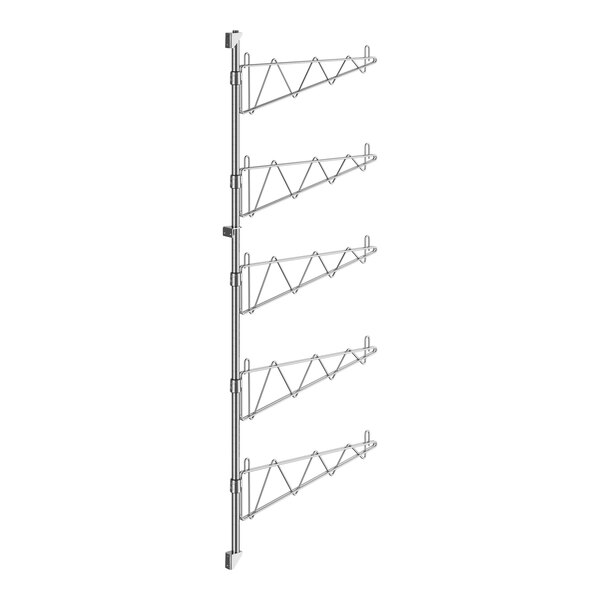 A chrome Regency wall-mount shelf post with single brackets and four hooks.