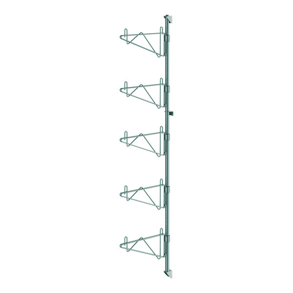 A green metal rack with single brackets for shelves.