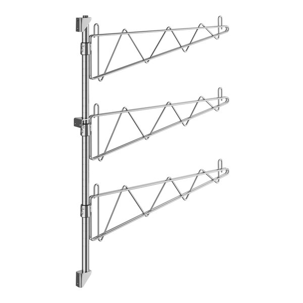 A Regency stainless steel wall-mount shelf post with three metal rods.
