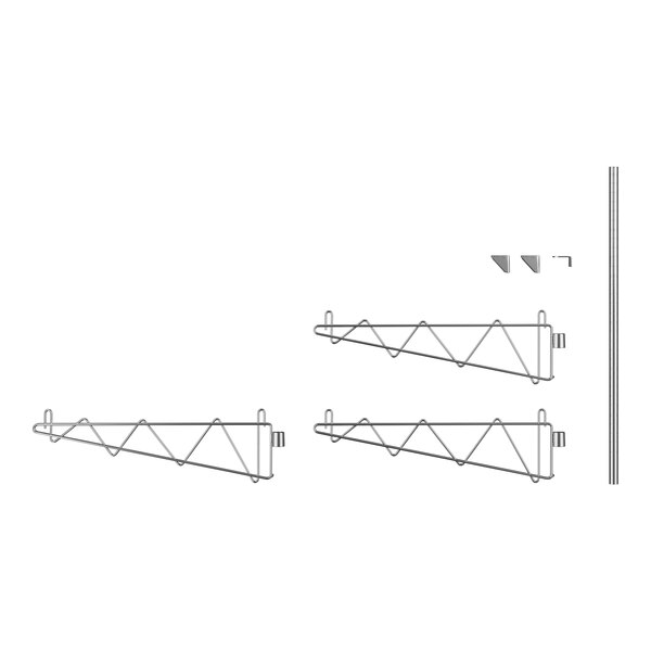 A drawing of a Regency stainless steel wall-mount shelf bracket with two different angles.