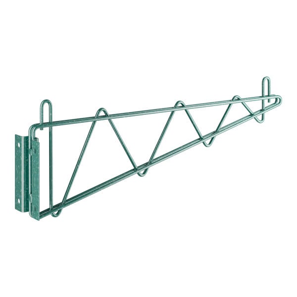 A green metal Regency wall-mount shelf bracket with two hooks.