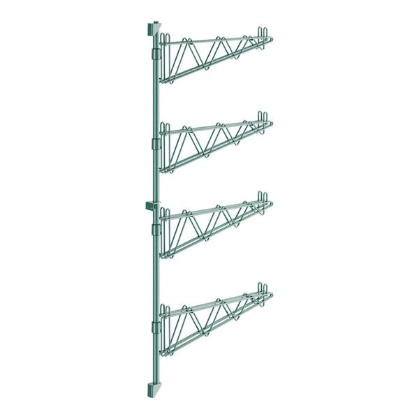 A Regency green wall-mounted wire shelf post with double brackets for multiple shelves.