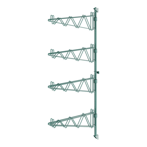 A green metal wall mounted shelf with four shelves on Regency wall brackets.