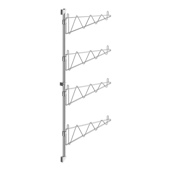 A Regency stainless steel wall-mount shelf post with single brackets and four metal rods.