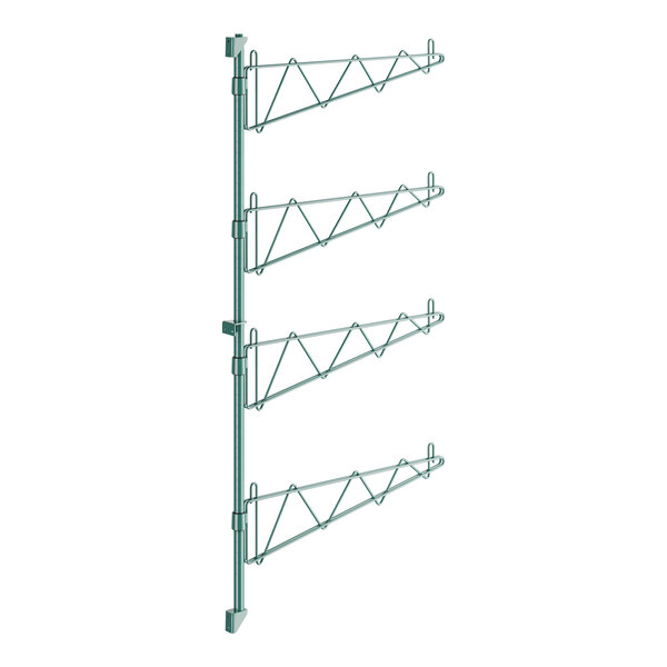 A green metal Regency wall-mount shelf post with single brackets and metal rods.