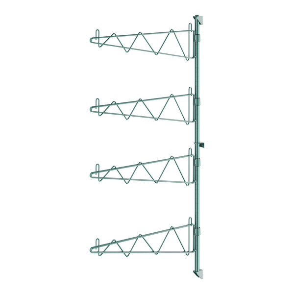 A Regency green metal wall rack with four shelves.