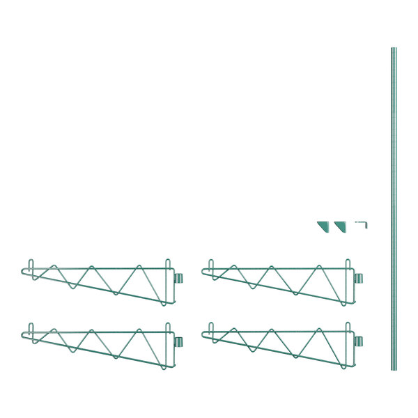 A close-up of a green Regency shelf post with metal brackets and clips.