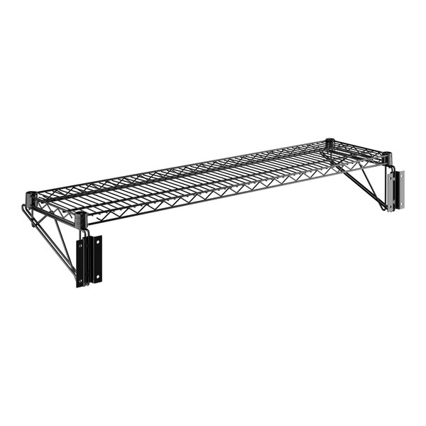 A close-up of a black metal Regency wire shelf.