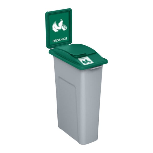 A Busch Systems gray HDPE trash can with a green lid decorated with a fruit logo.