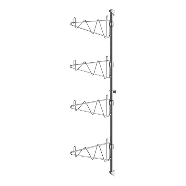 A metal shelf with four levels and brackets.