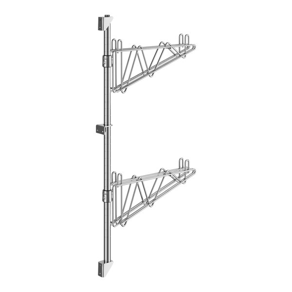 A Regency stainless steel wall-mount middle shelf post with double brackets and two shelves.