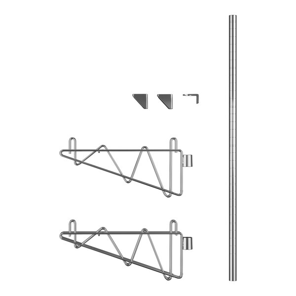A Regency stainless steel wall mount middle shelf post with double brackets and hooks.
