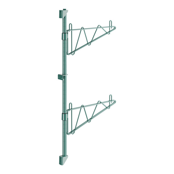 A green metal Regency wall-mount shelf post with two shelves on it.