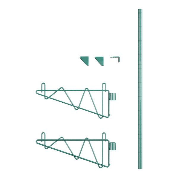 A green metal Regency wall mount shelf post with brackets.