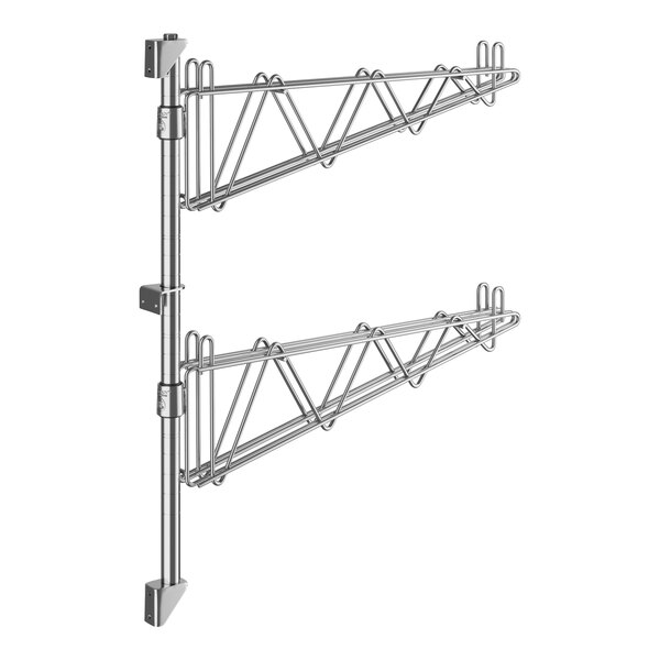 A Regency stainless steel wall-mount middle shelf post with double brackets and hooks.