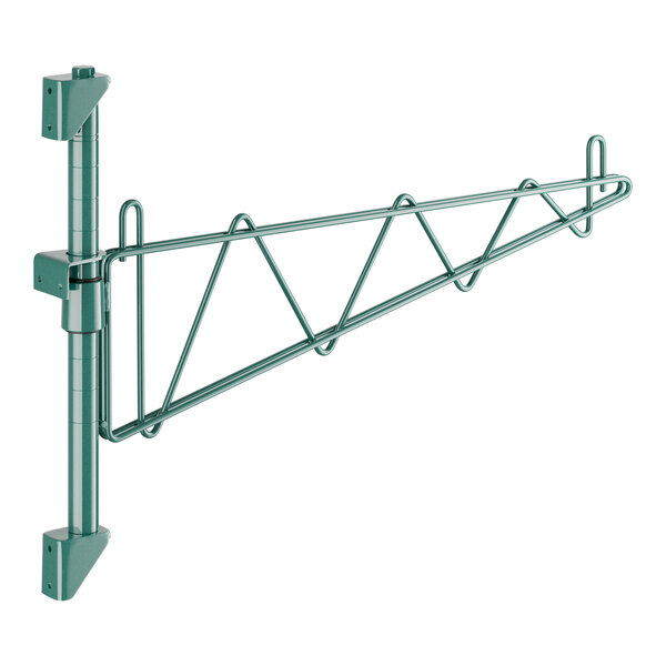 A green metal Regency wall-mount shelf post with two hooks.