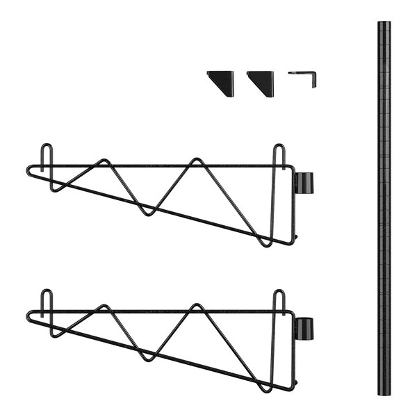 A black metal wall-mount shelf post with brackets.