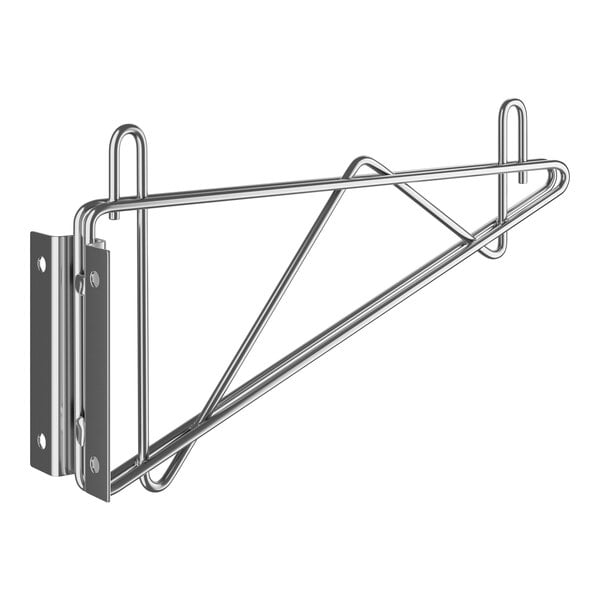 A Regency stainless steel wall-mount single bracket for wire shelving with a hook on the side.