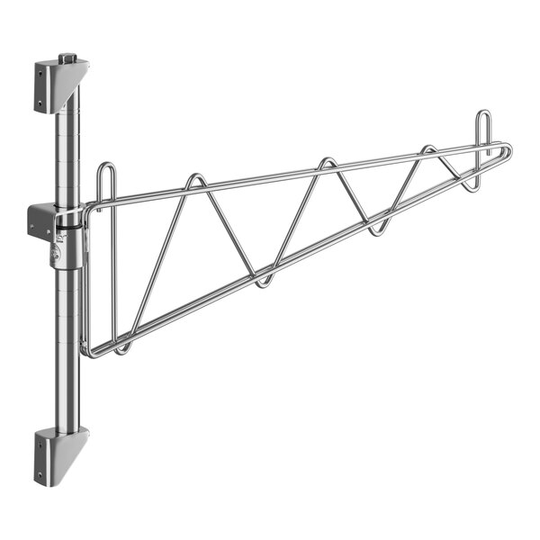 A Regency stainless steel wall mount shelf post with hooks.