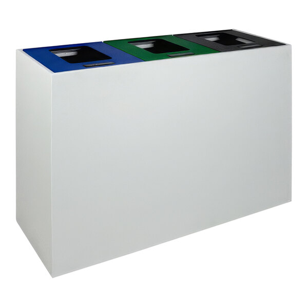 A white rectangular object with three different colored bins.